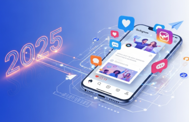 Smartphone screen showing Instagram interface with likes, comments, story icons and digital 2025 graphics representing Instagram engagement growth.