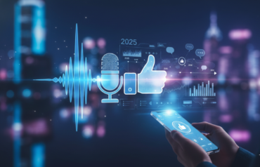 Voice search optimization concept showing users interacting with digital assistants on social media platforms