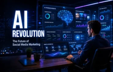 AI social media strategy dashboard showing AI marketing tools, analytics, content planning, and social media growth for brands in 2026.